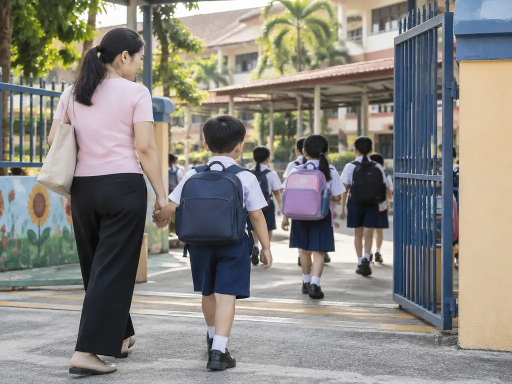 小学生背书包走进校门的示意图