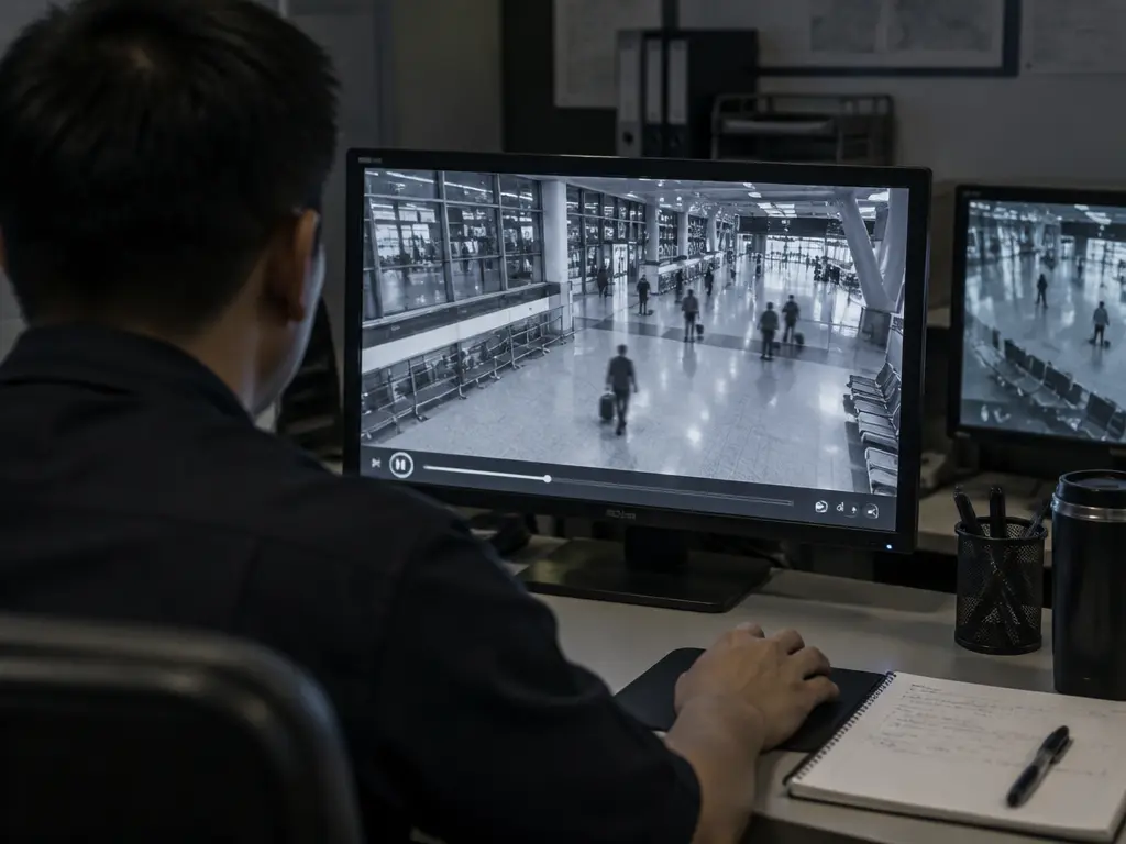 示意图:调查人员在屏幕前逐格检视闭路电视录像
