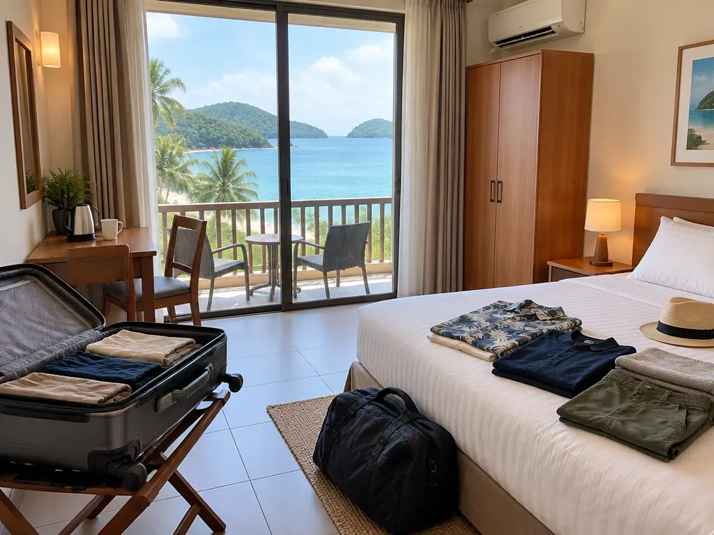 示意图:游客在海岛酒店房间打开行李,准备在岛上住几天