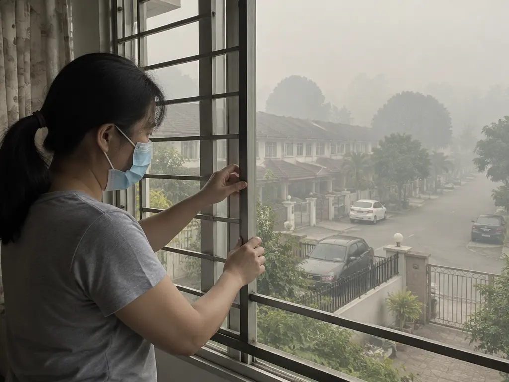 示意图:柔佛住宅区被烟霾笼罩,居民戴口罩关窗