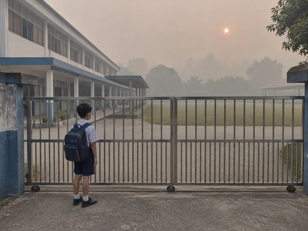 烟霾笼罩下,一名戴口罩的小学生站在关闭的校门前(示意图)