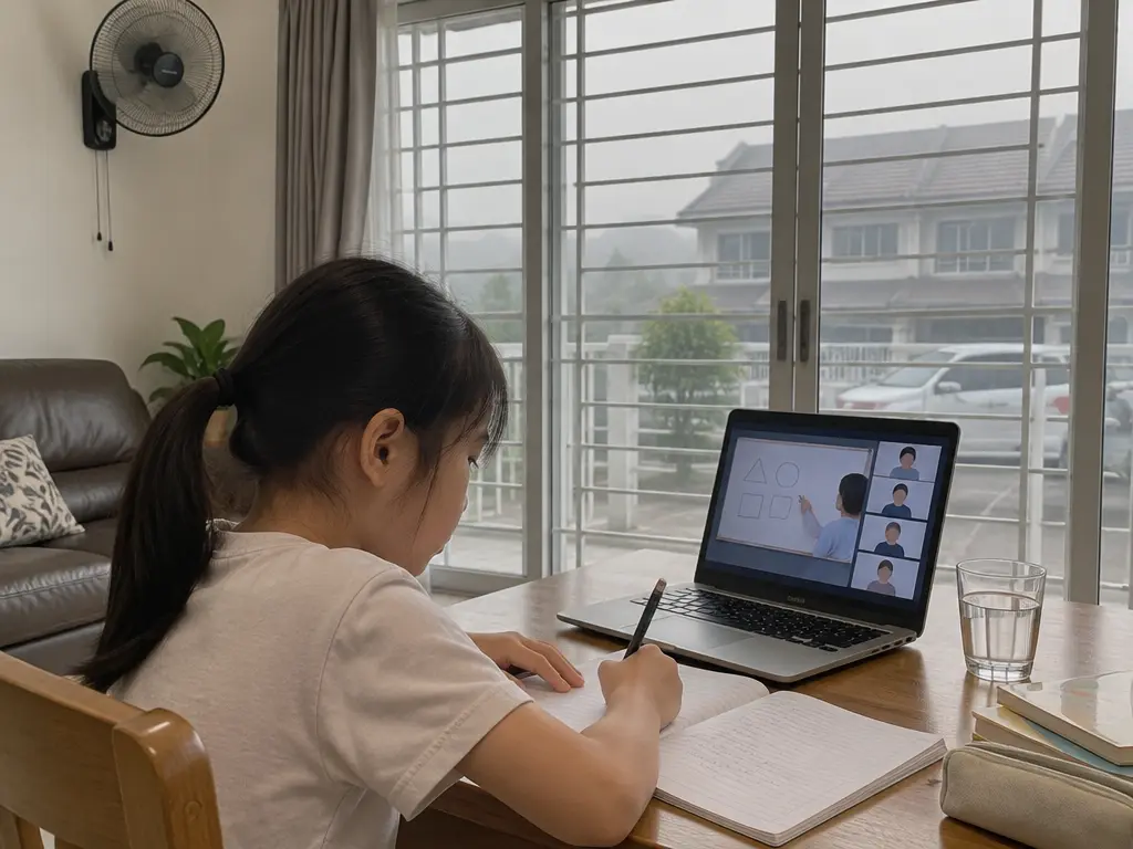 孩子关窗在家通过网课居家学习,窗外仍是烟霾(示意图)