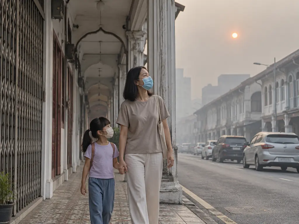 示意图:大马街头烟霾弥漫,母子戴口罩出门