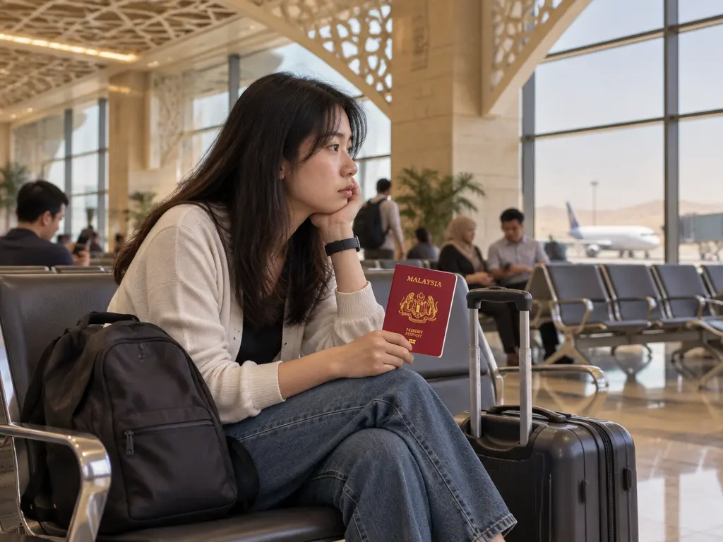 示意图:大马旅客手持马来西亚护照,带着行李坐在机场候机区等待