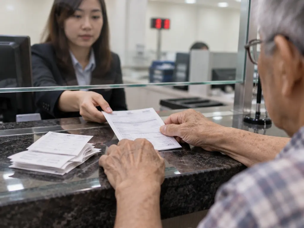 长者在金融机构柜台递交转账单据,旁边叠着多张收据的示意图
