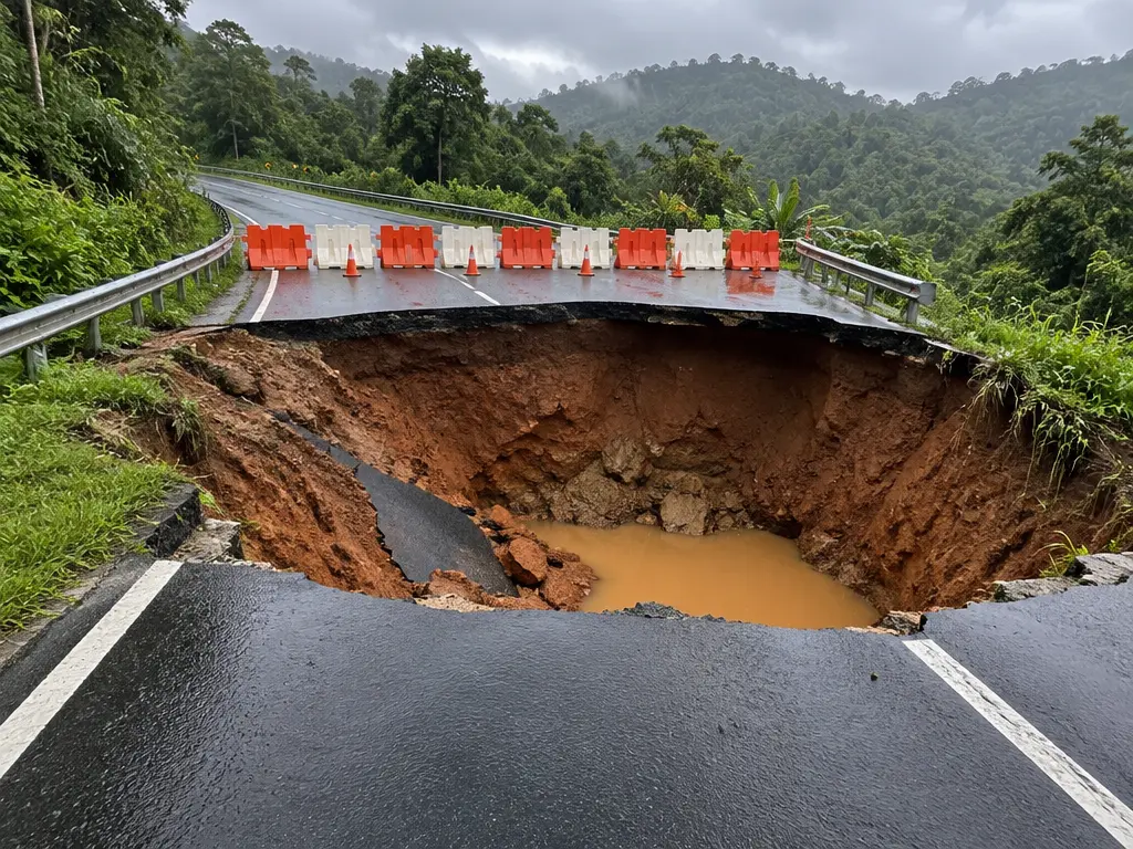 示意图:乡间联邦公路出现深陷坑,路障封闭全部车道