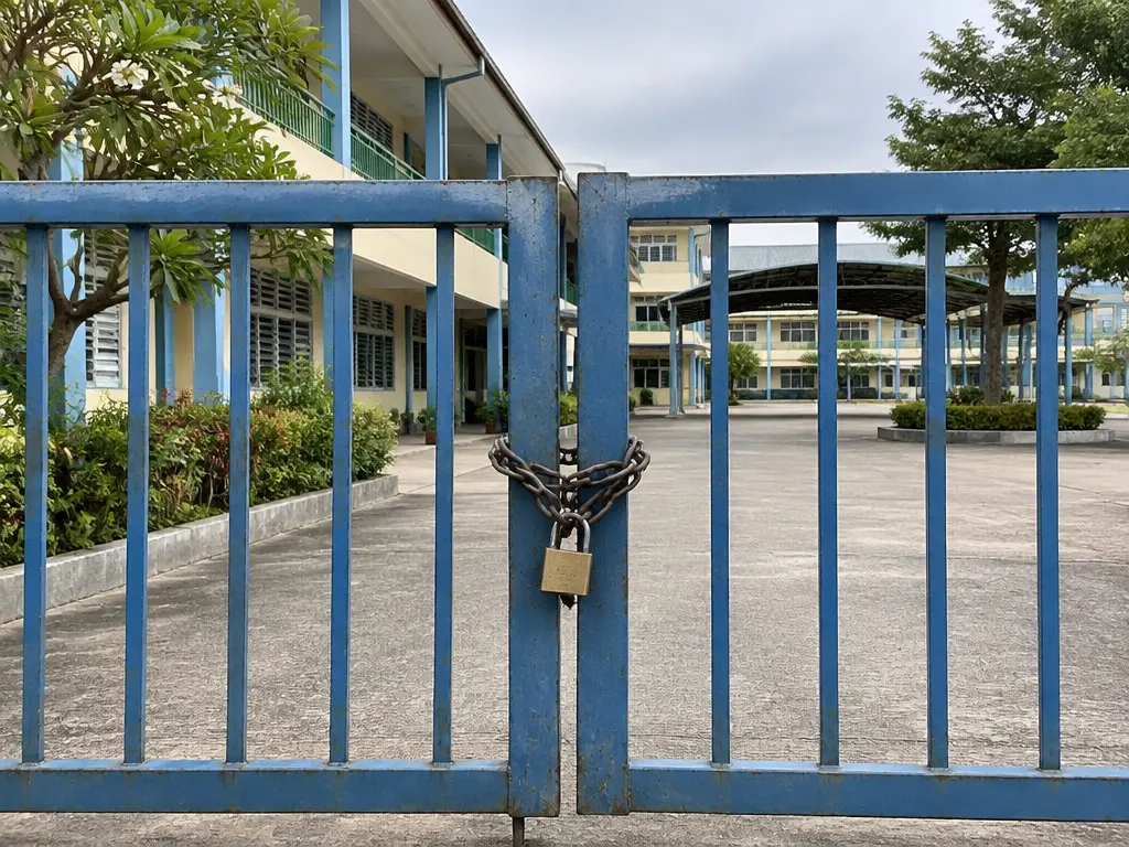示意图：学校铁门上锁，校园空无一人