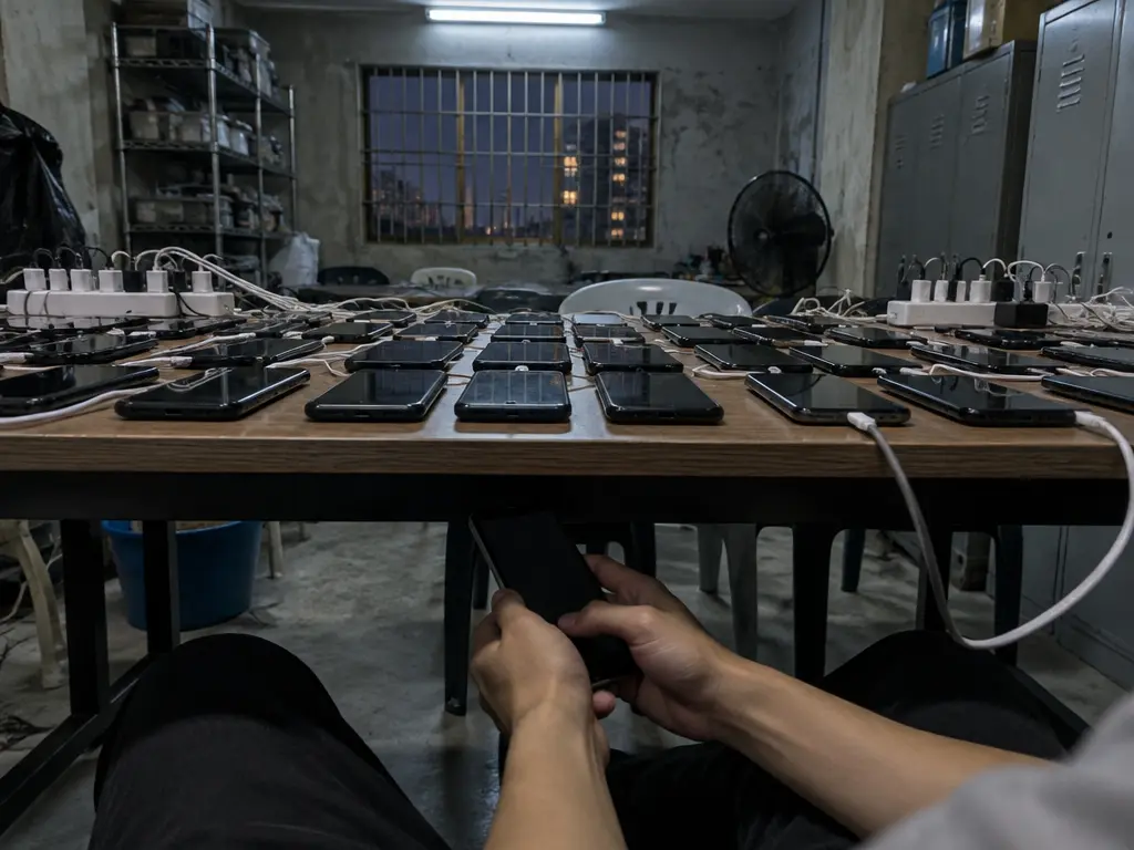 示意图:昏暗房间桌上摆满手机,一双手在桌下偷偷拿着其中一部手机