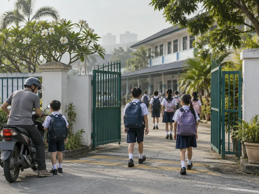 烟霾转淡的早上,学生背书包走进校门复课(示意图)