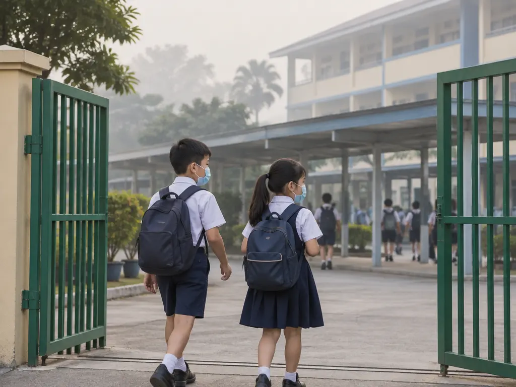 烟霾天气下,戴口罩的学生背着书包走进校门(示意图)