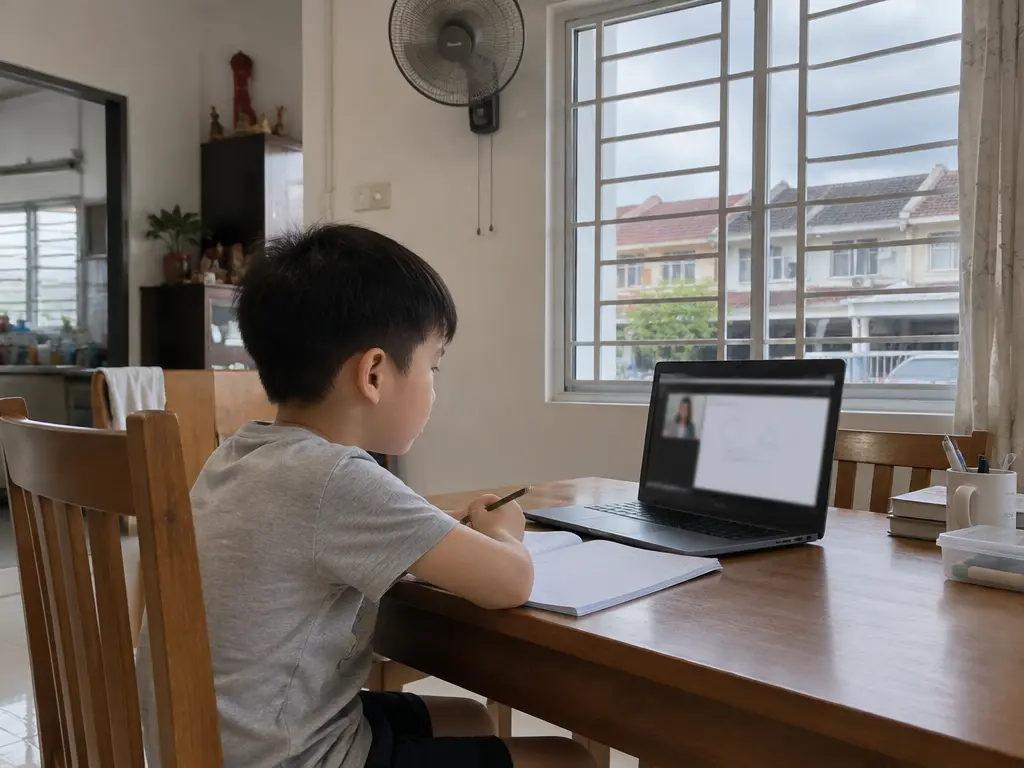 窗外烟霾未散,孩子在家里通过手提电脑上网课(示意图)