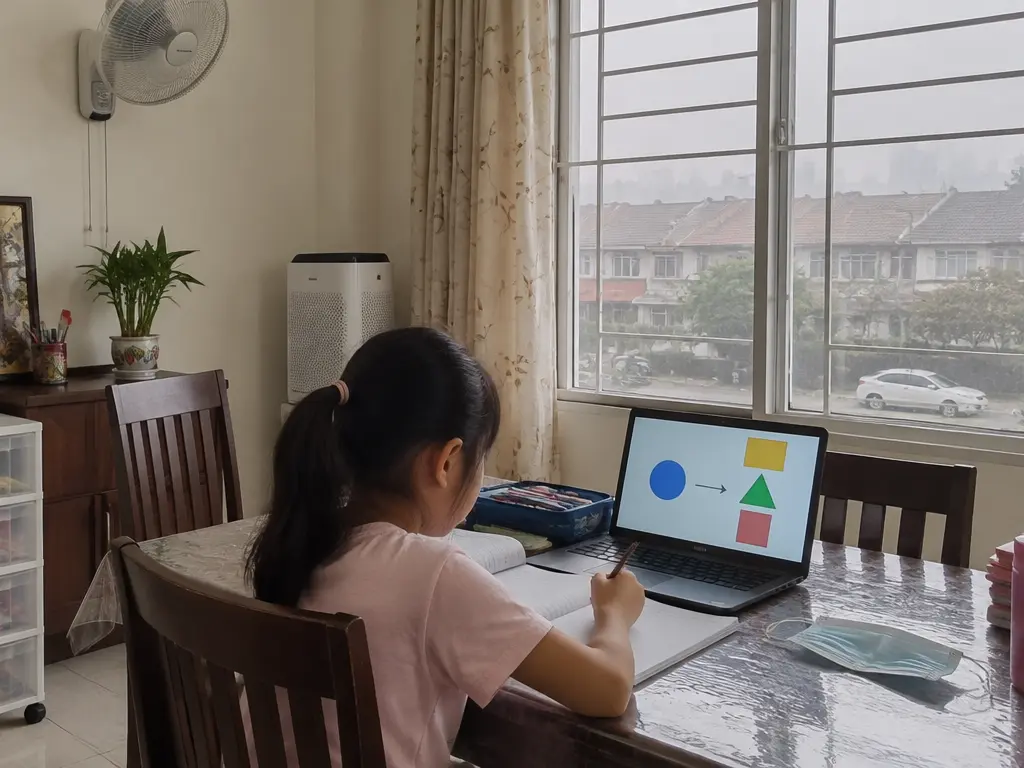 烟霾天孩子在家中对着电脑上网课,窗外一片灰蒙(示意图)