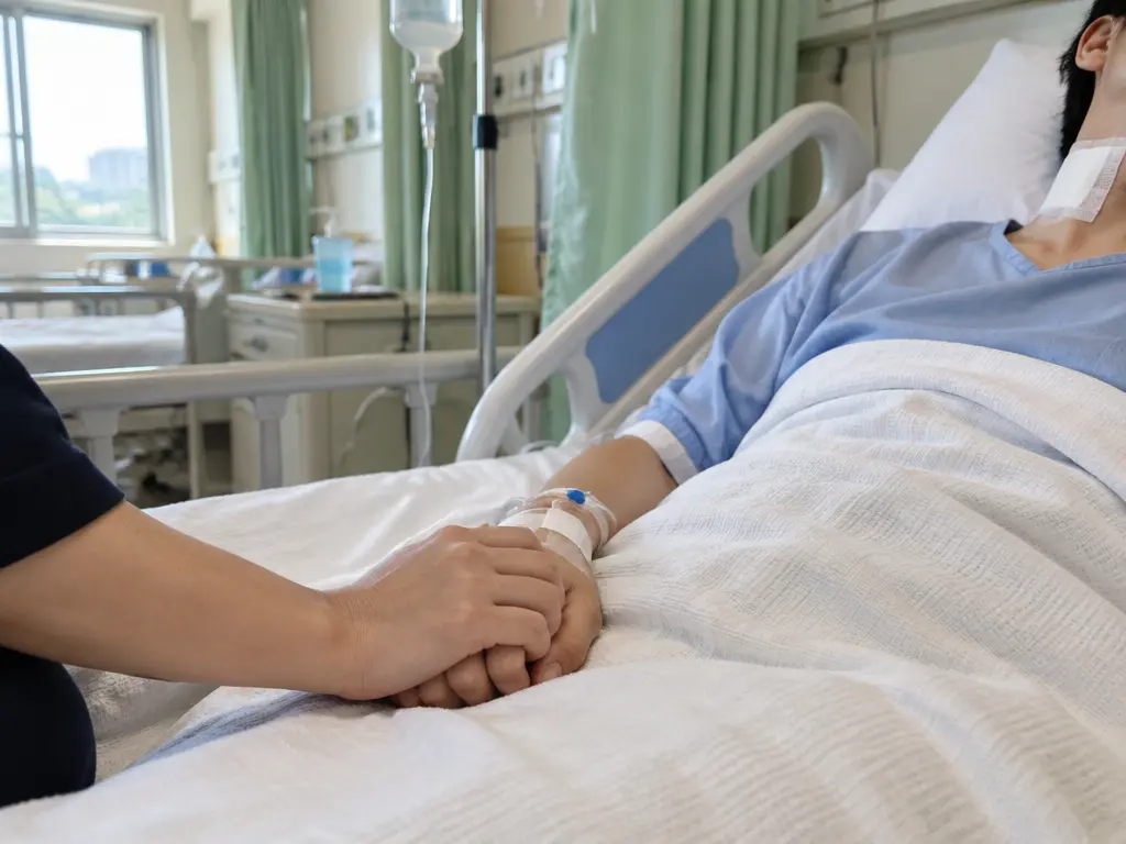 示意图:病床上颈部包扎的伤者,家属握着她的手