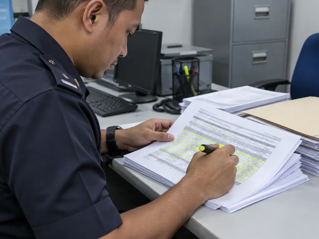 示意图:警方人员翻查银行交易记录,标出可疑转账