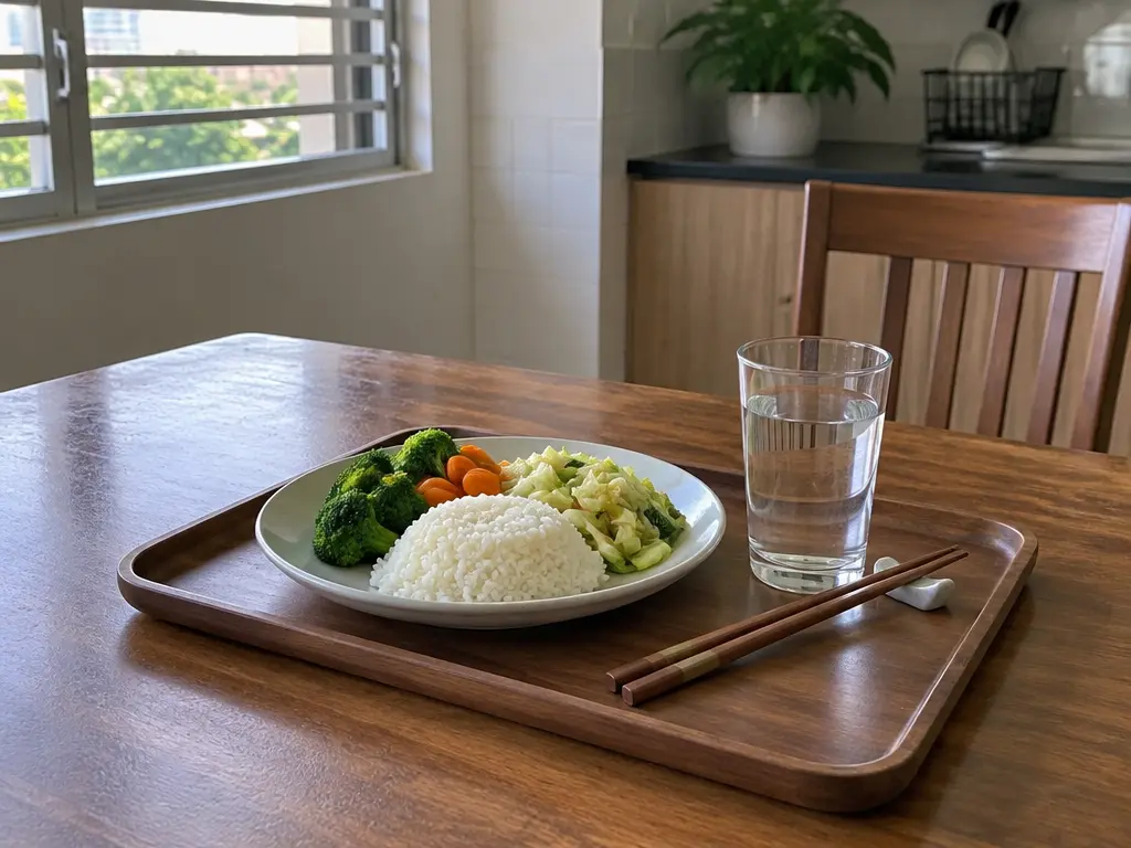 AI示意图：餐盘与一杯饮水，用于说明进食与补水