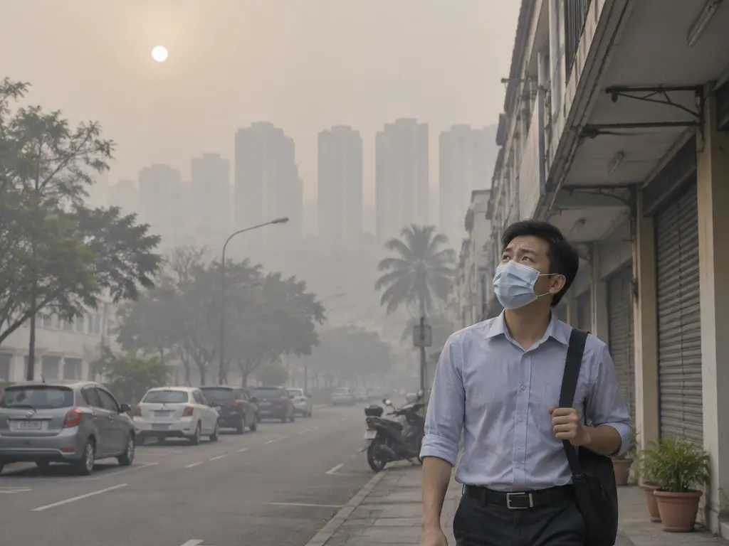 示意图:清晨灰蒙蒙的烟霾中,戴口罩的居民出门,远处高楼几乎看不清