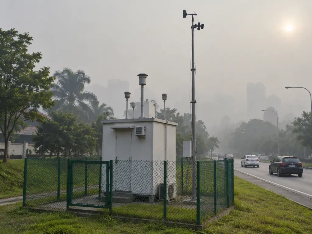 示意图:烟霾天气下的路边空气质量监测站