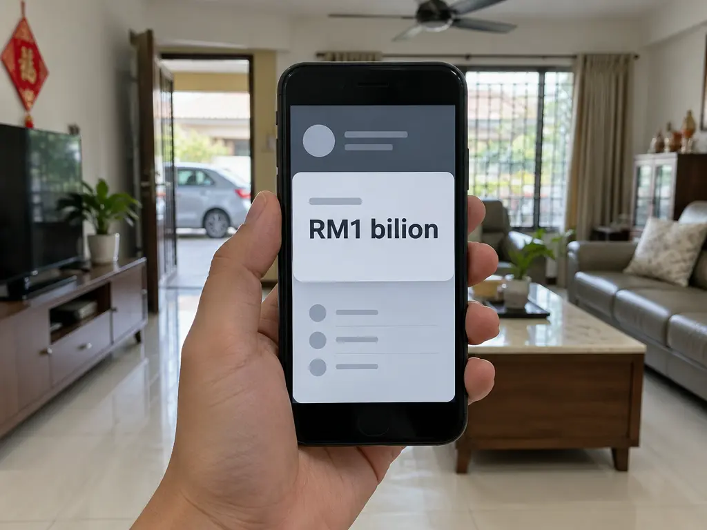 手握手机,银行余额画面显示RM1 bilion的示意图
