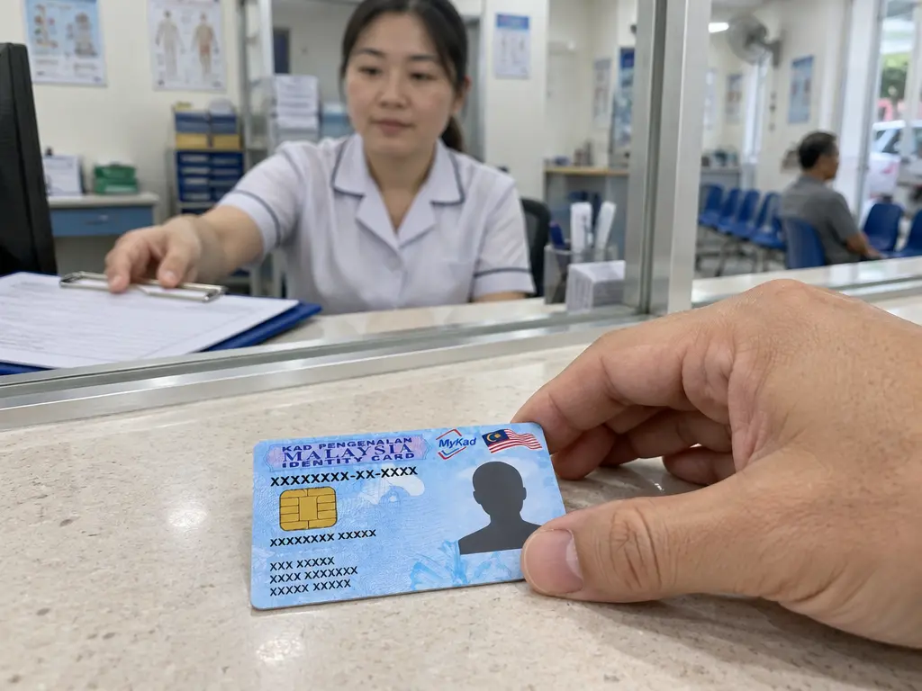 示意图:民众在私人诊所柜台出示MyKad办理体检登记