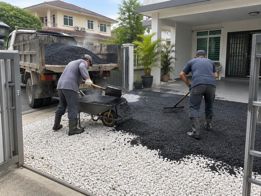 示意图:工人从罗里运来柏油,在住宅前院倒柏油铺路