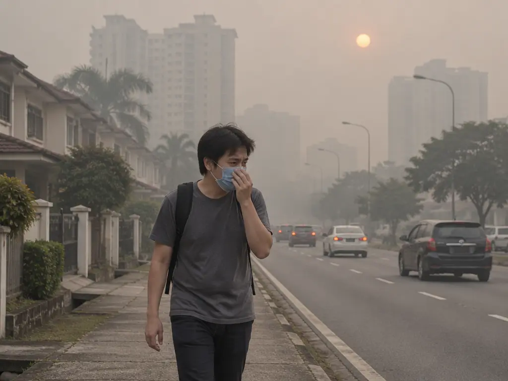 示意图:东南亚城市住宅区被浓厚烟霾笼罩,路人戴口罩出行
