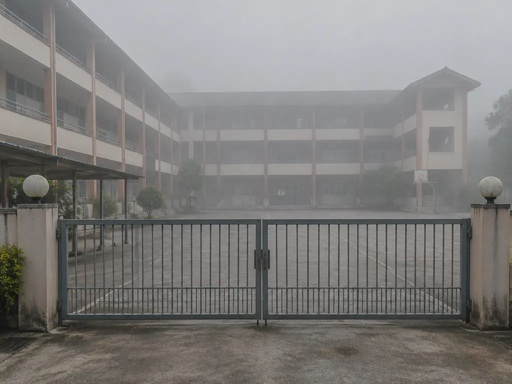 示意图:烟霾笼罩下空无一人的学校,校门紧闭