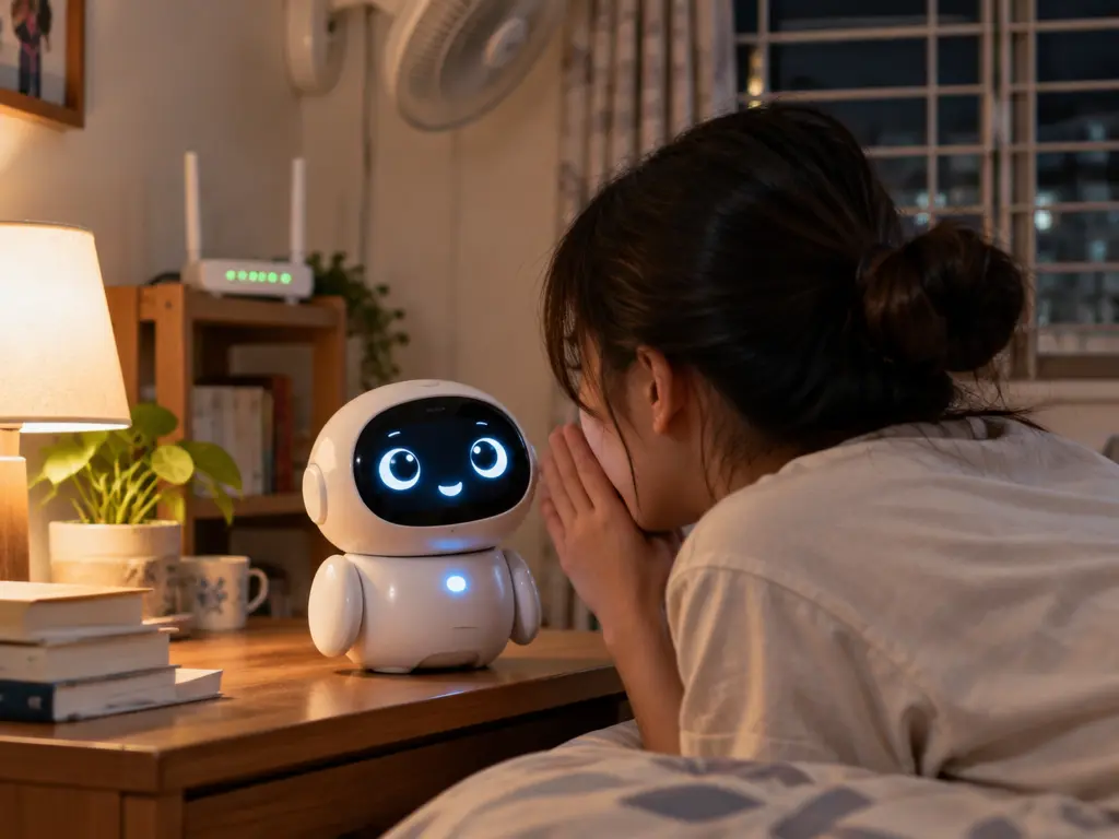 示意图:用户在家中对着外形可爱的AI陪伴机器人倾诉,背景路由器灯号闪烁