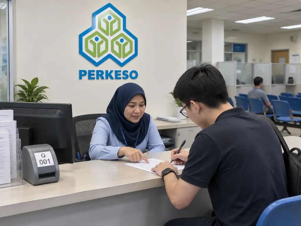 示意图:打工族在PERKESO柜台填表登记社会保险