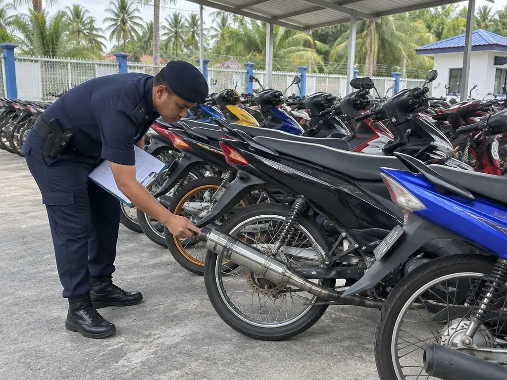 示意图:警方大院内排满被扣押的摩托车,警员检查改装排气管
