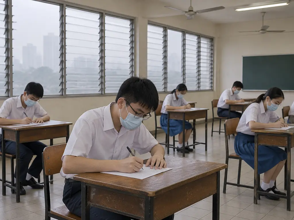 学生戴口罩、保持间距在考场应考的示意图
