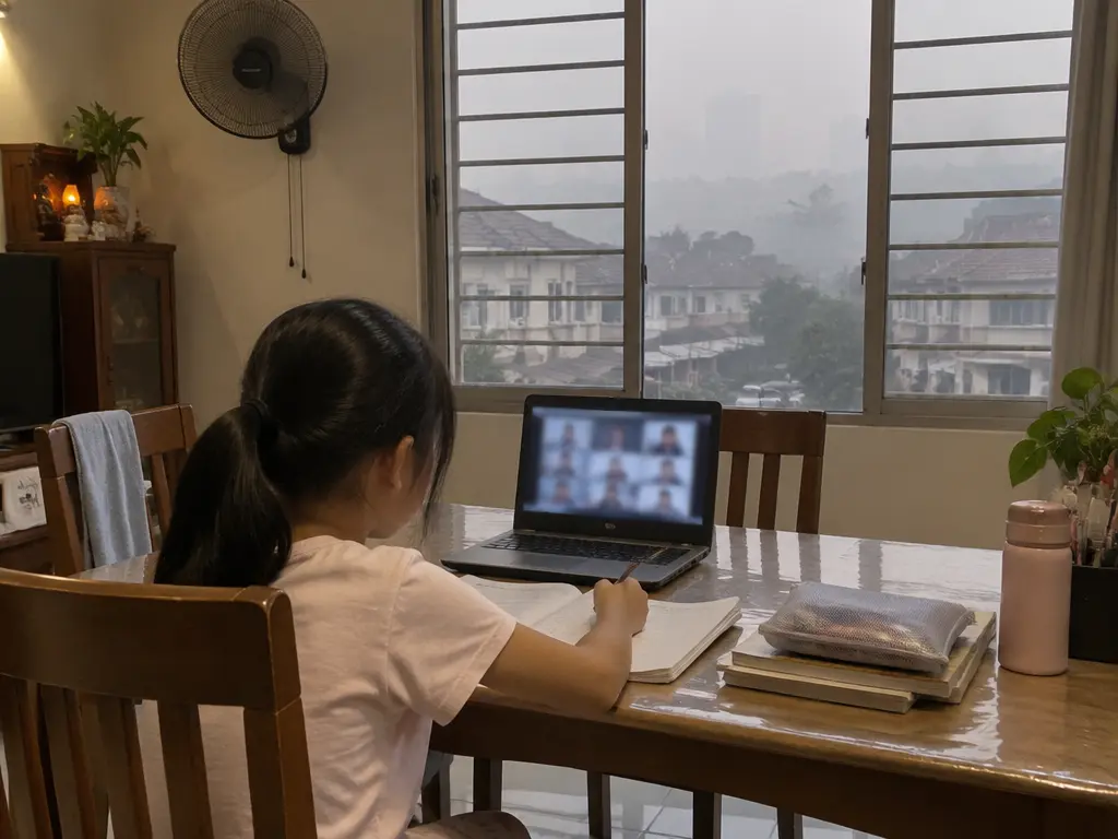孩子在家中上网课,窗外烟霾弥漫的示意图