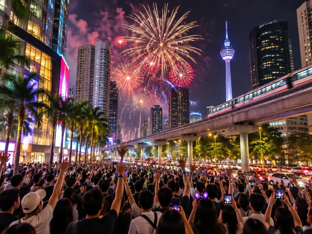 示意图:武吉免登夜街的新年倒数庆祝人群与烟花