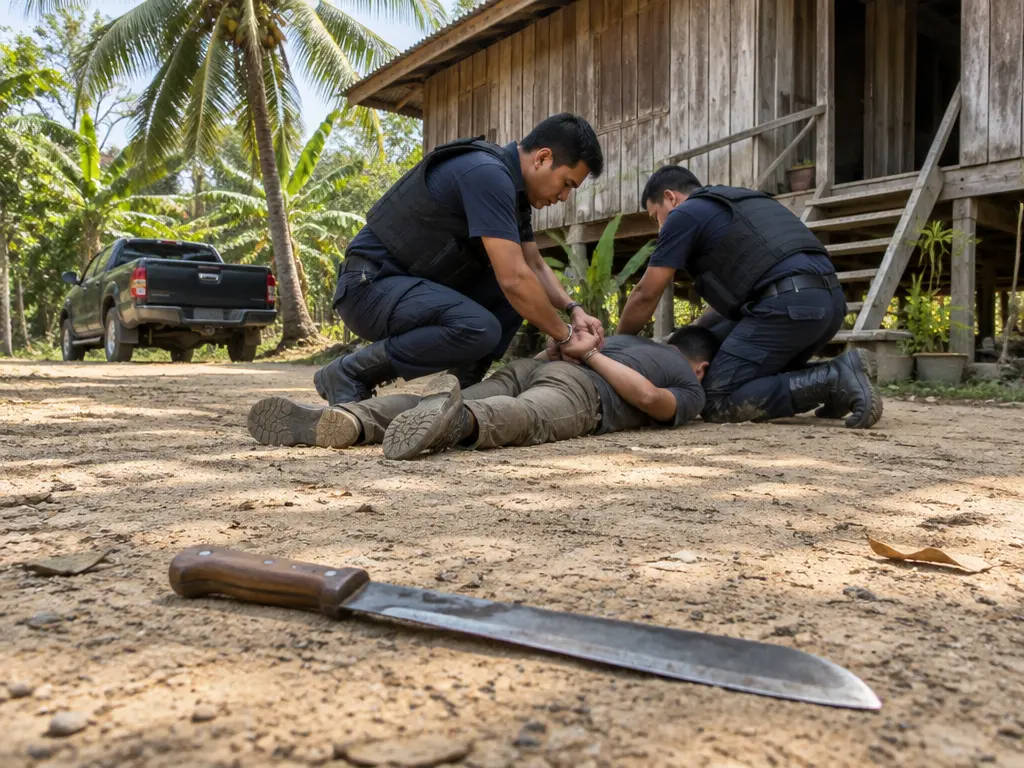 示意图:甘榜高脚木屋前,地上一把巴冷刀,警员在后方制服嫌犯