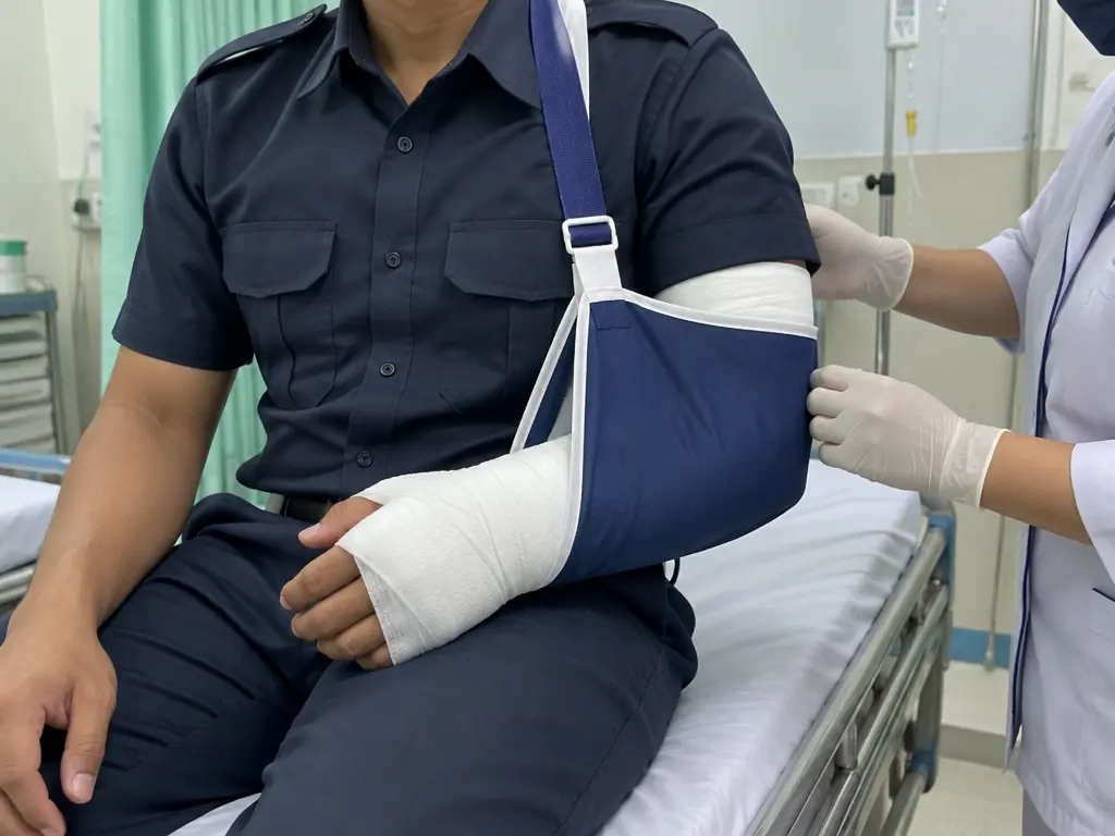 示意图:警员左手前臂打上石膏夹板吊着臂带,在医院急诊室接受处理