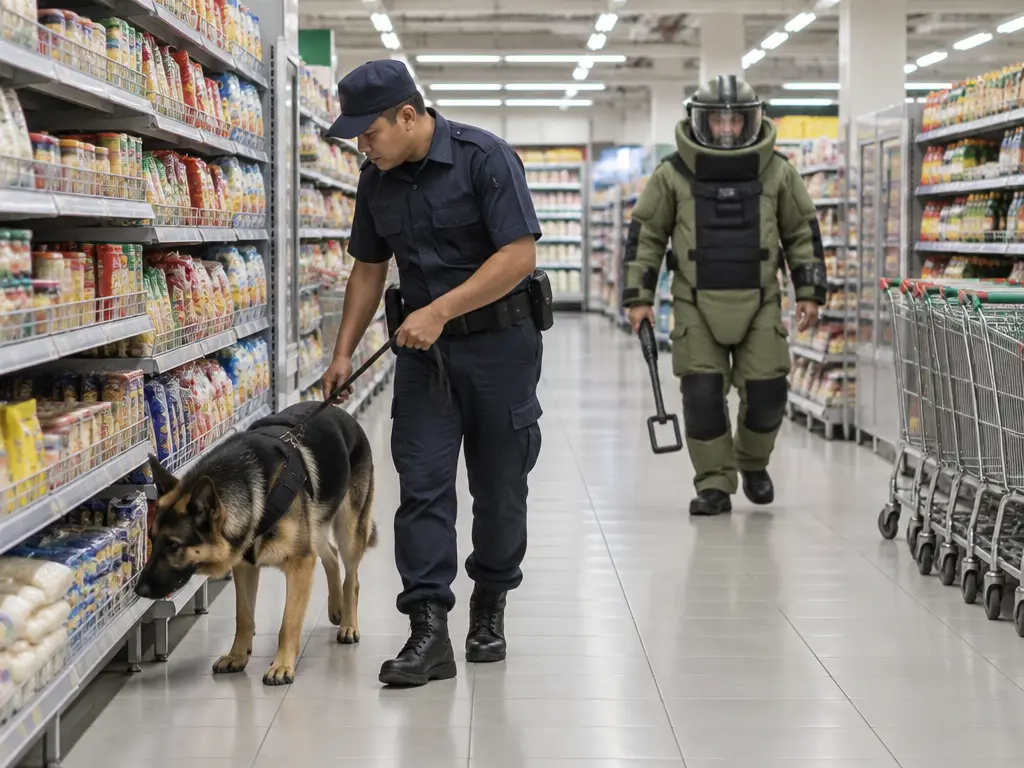 示意图：警犬与拆弹人员在霸级市场货架间搜查