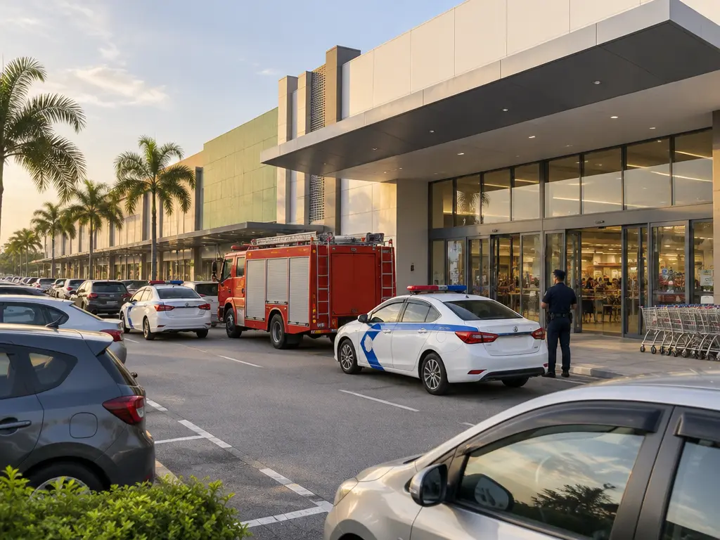 示意图：消拯车与警车停在霸级市场入口外