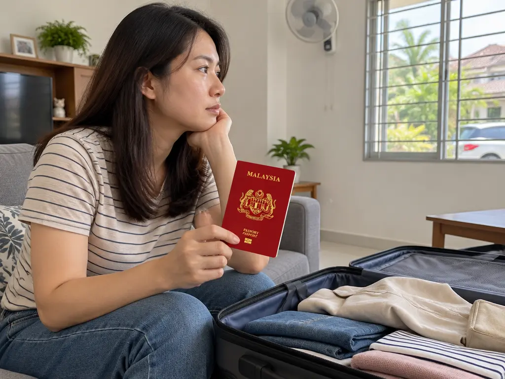 示意图：大马华裔女子在家中拿着马来西亚护照，看着收拾到一半的行李箱考虑是否出发