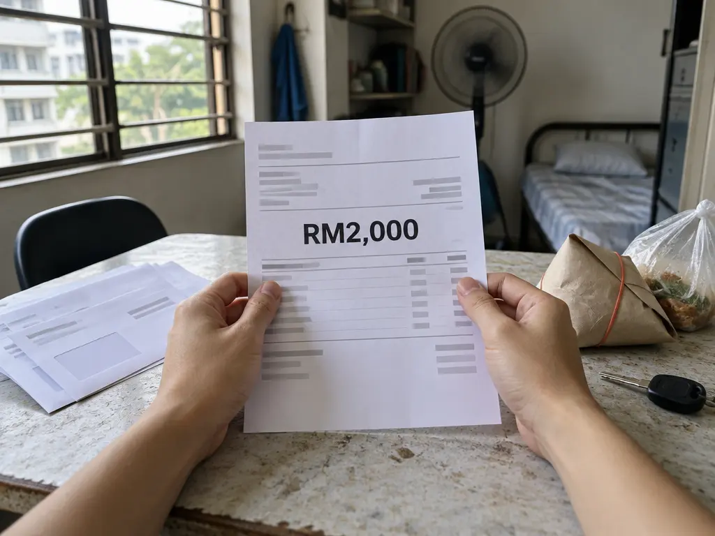 示意图：打工族手持写着RM2,000的薪水单，旁边是账单和饭包
