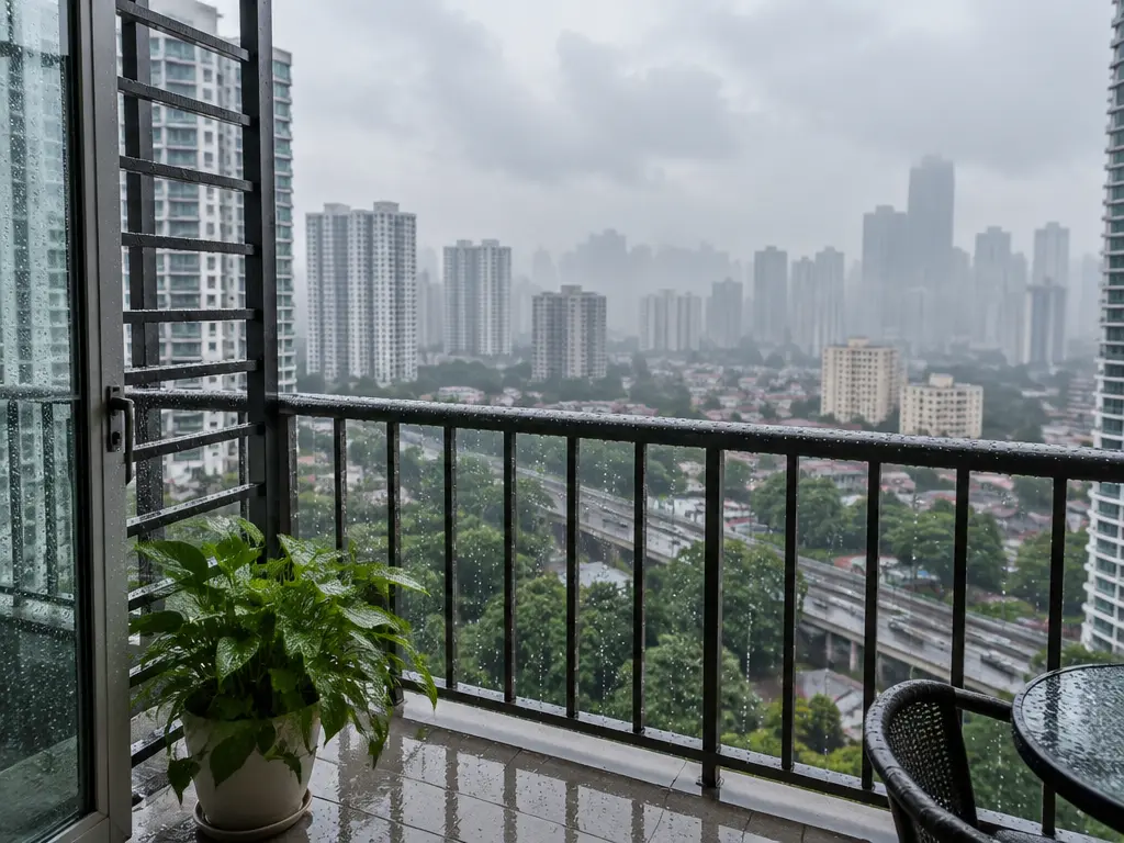 雨后公寓阳台栏杆仍挂着水珠,远处吉隆坡高楼被灰蒙蒙的烟霾笼罩(示意图)