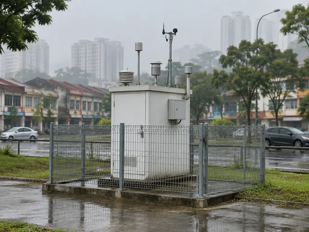 雨后路边的空气监测站,背后的楼房仍被烟霾笼罩(示意图)