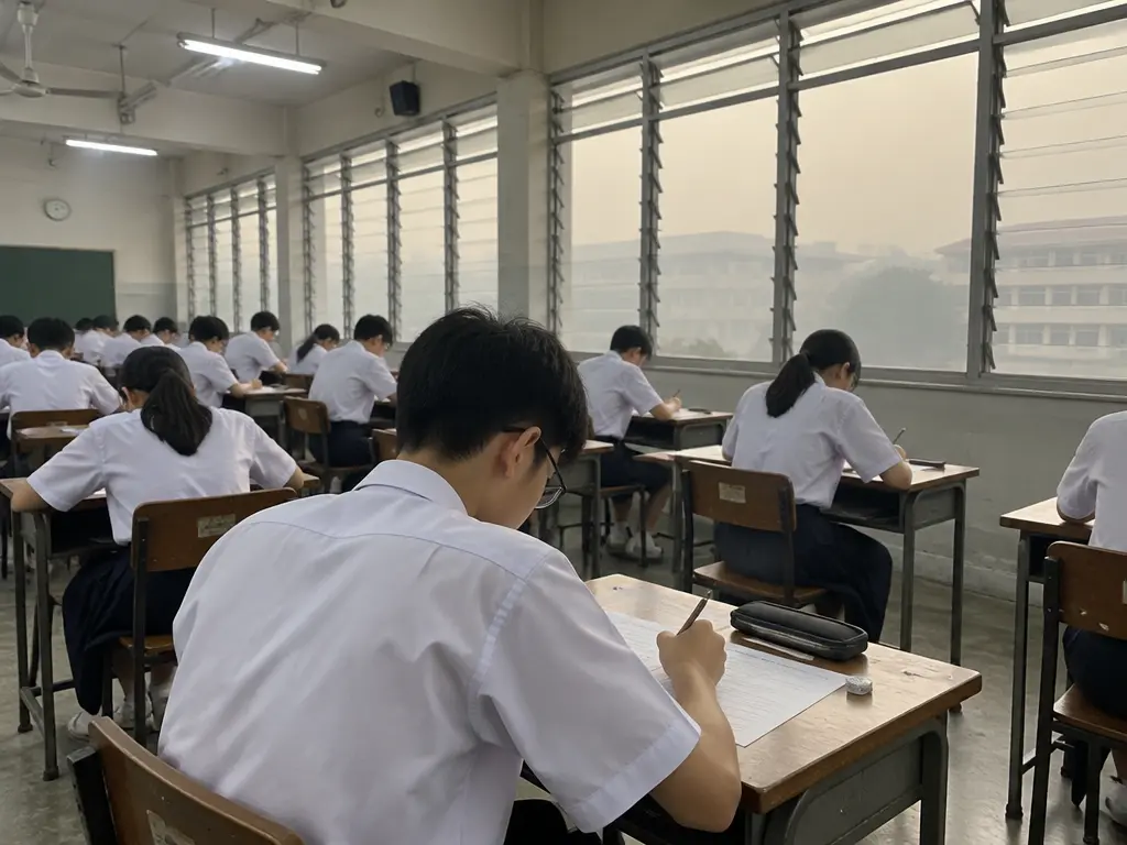 示意图:考生在学校礼堂应考,窗外烟霾灰蒙