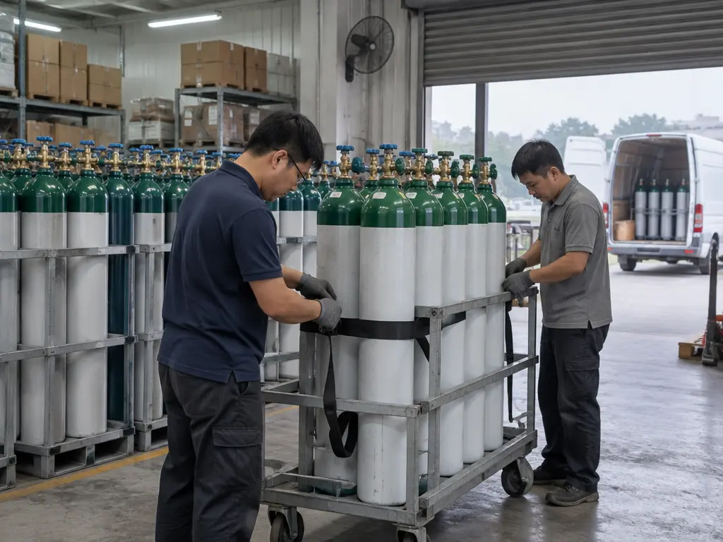 示意图:本地医疗器材公司仓库员工赶工搬运、装载氧气瓶准备出货