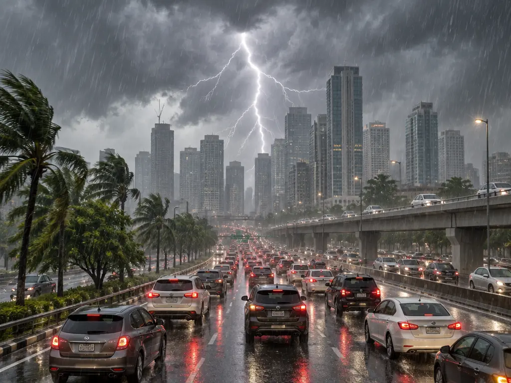 示意图:雷电划过城市高楼,大雨强风中车辆亮灯慢行