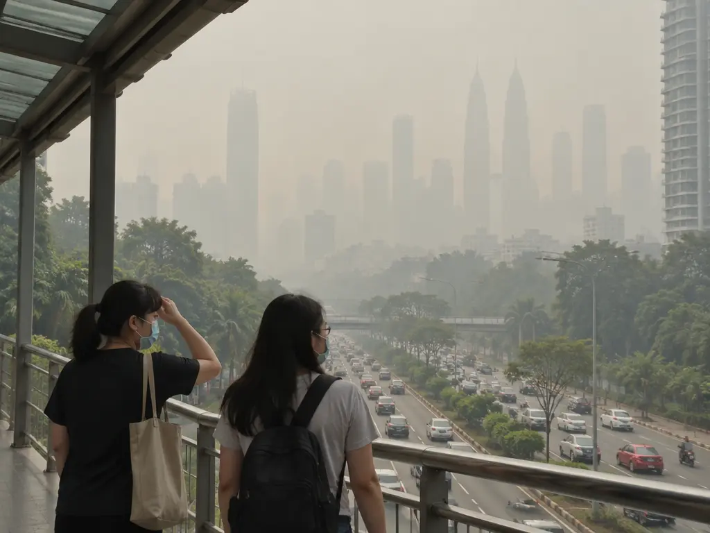 示意图:吉隆坡高楼被灰黄烟霾笼罩,行人戴口罩走在天桥上