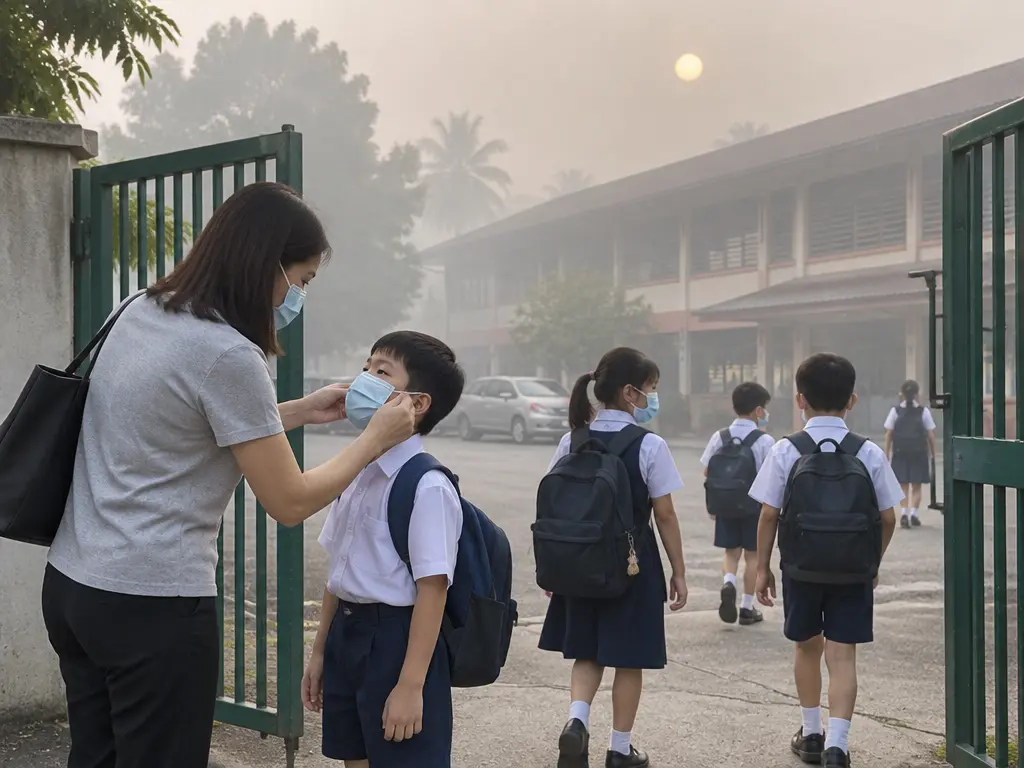 烟霾笼罩的早上,戴口罩的学生走进校门