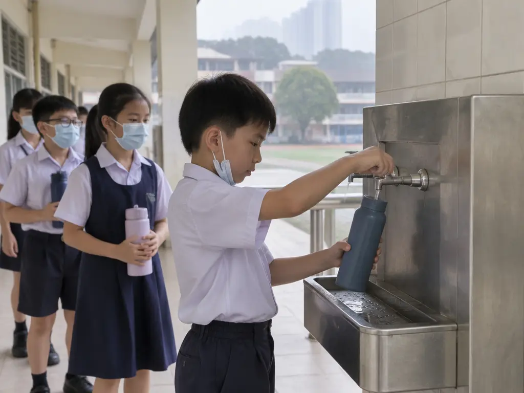 学生在学校饮水机前装水