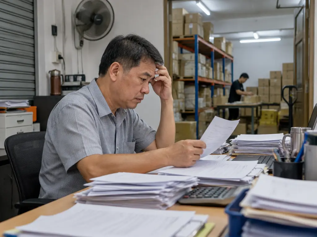 中小企业老板在店屋办公室整理一叠叠账单和发票（示意图）