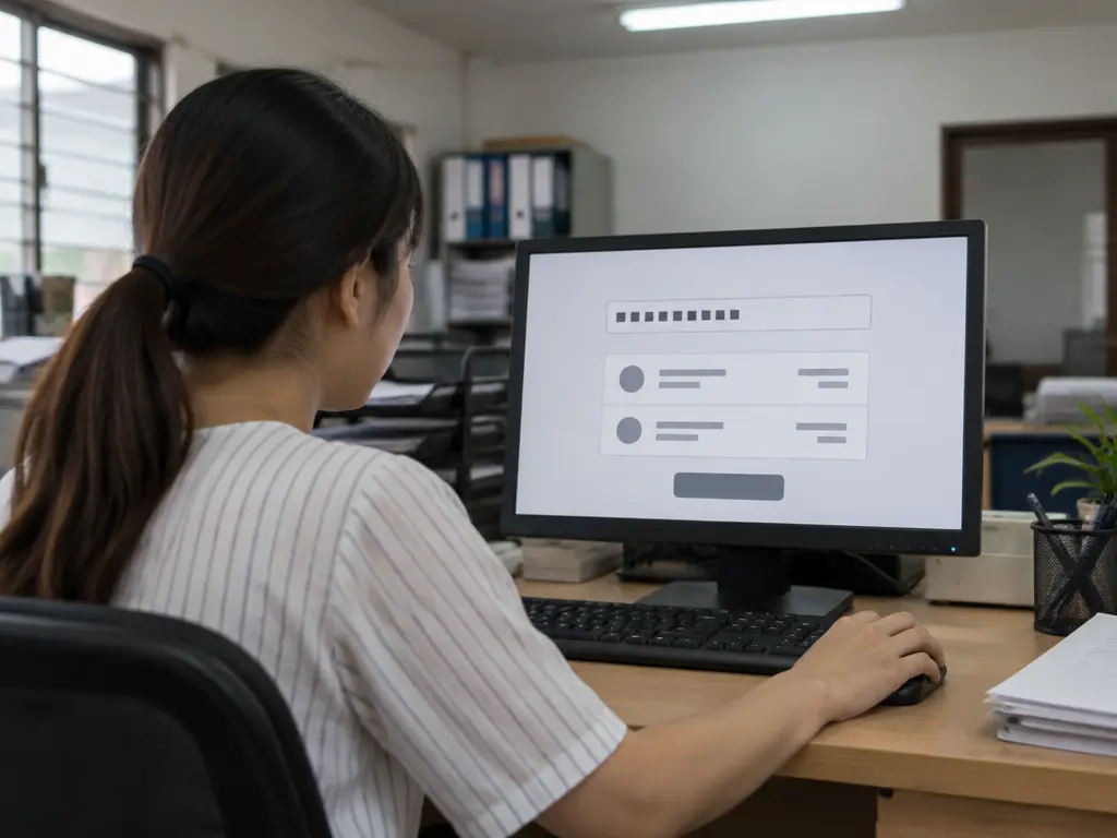 示意图:女子在办公室电脑上进行网上转账
