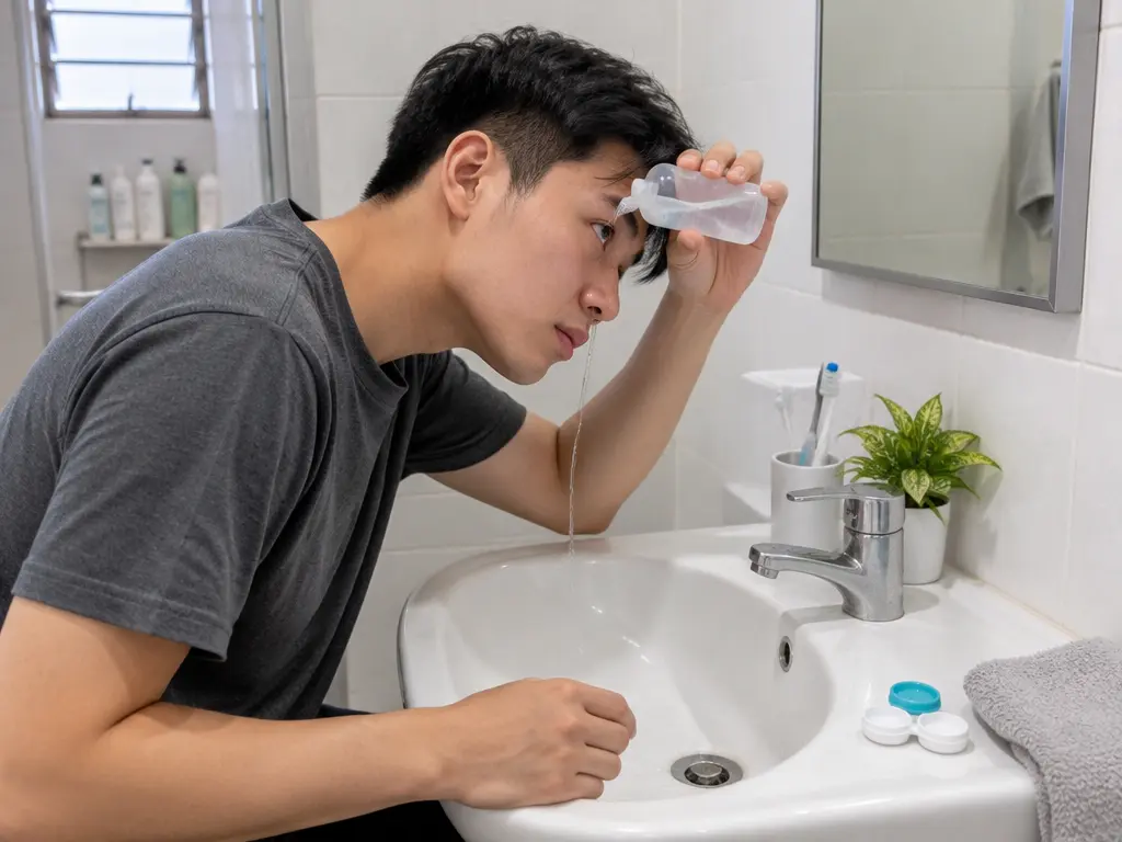 隐形眼镜使用者摘下镜片后，用生理盐水冲洗受刺激的眼睛