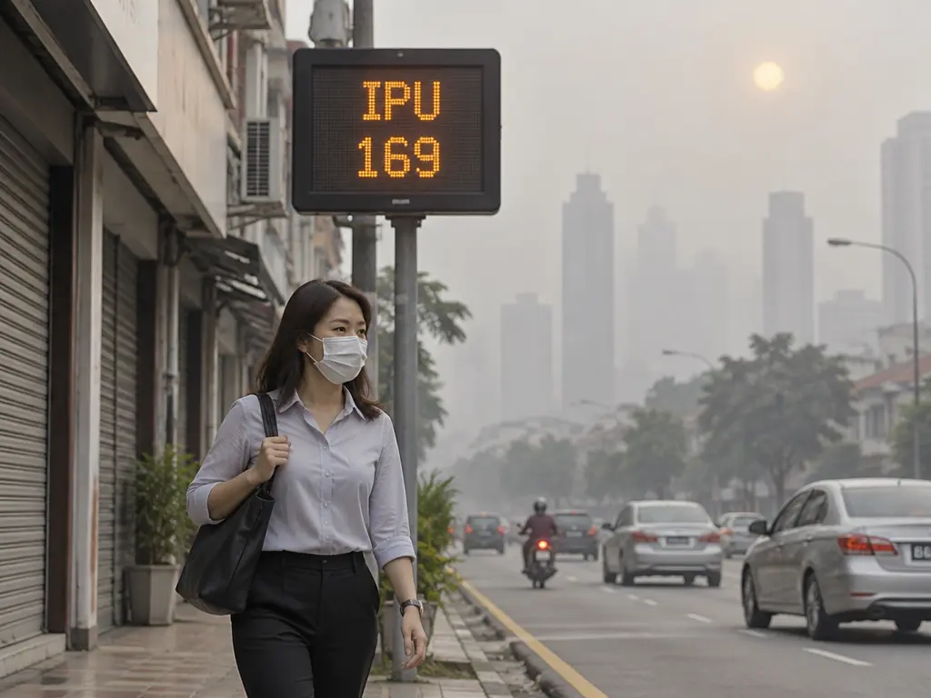 烟霾笼罩的街道,路边空气质量显示屏亮着IPU和169,戴口罩的上班族走过店屋走廊